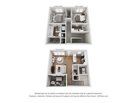 Floor plan for 2 beds, 2.5 baths, 1277 sqft